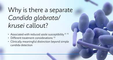 Why is there a separate Candida glabrata/krusei callout? • Associated with reduced azole susceptibility9,10 • Different treatment considerations10 • Clinically meaningful distinction beyond simple candida detection