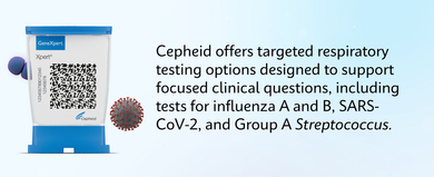 Cepheid offers targeted respiratory testing options designed to support focused clinical questions, including tests for influenza A and B, SARS-CoV-2, and Group A Streptococcus.