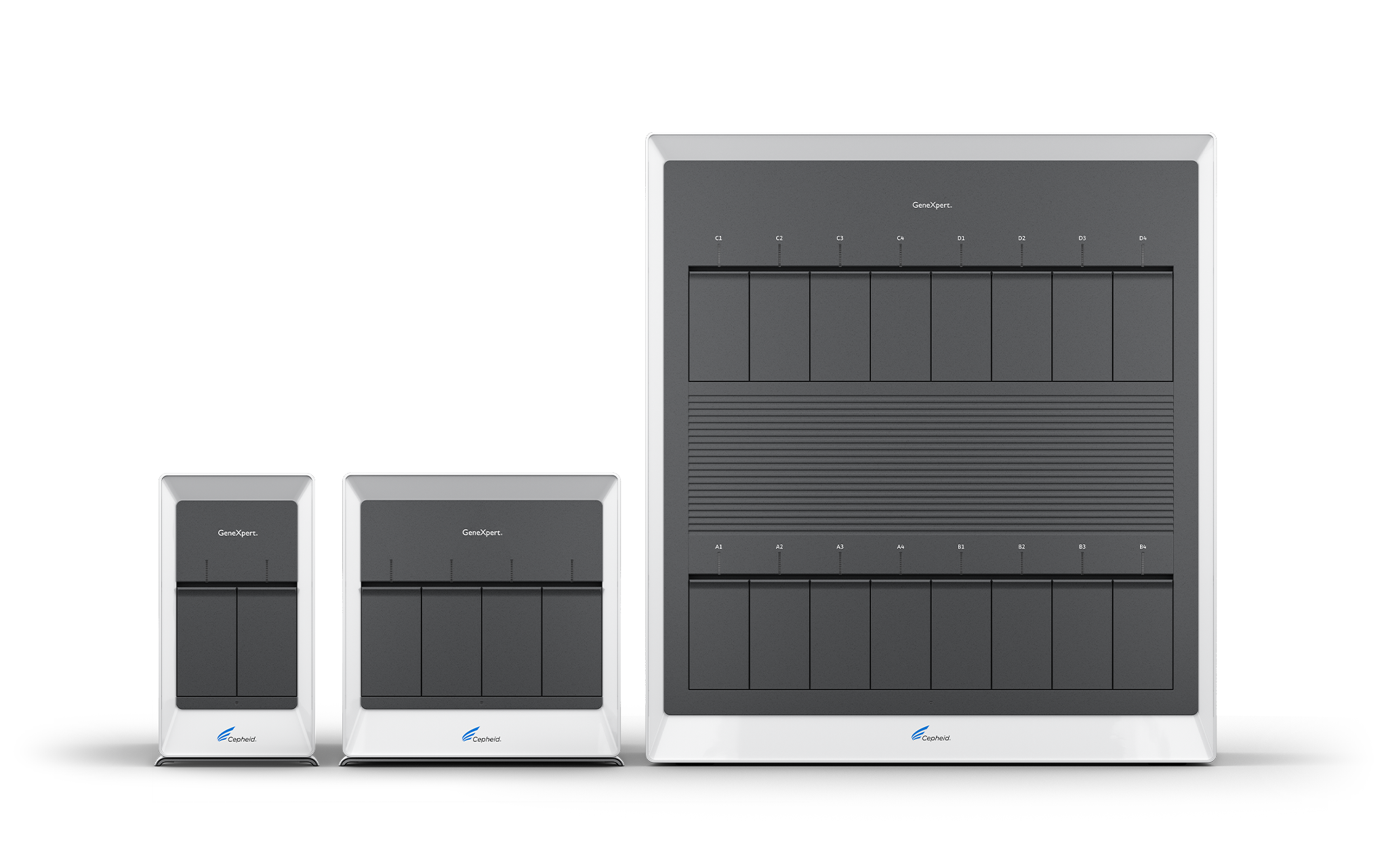 Vista frontal de la familia de sistemas GeneXpert: GeneXpert II, GeneXpert IV y GeneXpert XVI